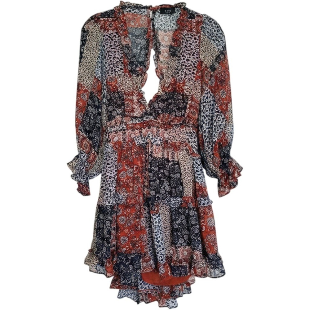 VICI Small Multicolor Patchwork Ruffle Mini Dress Long Ruffle Sleeve V-Neck Boho